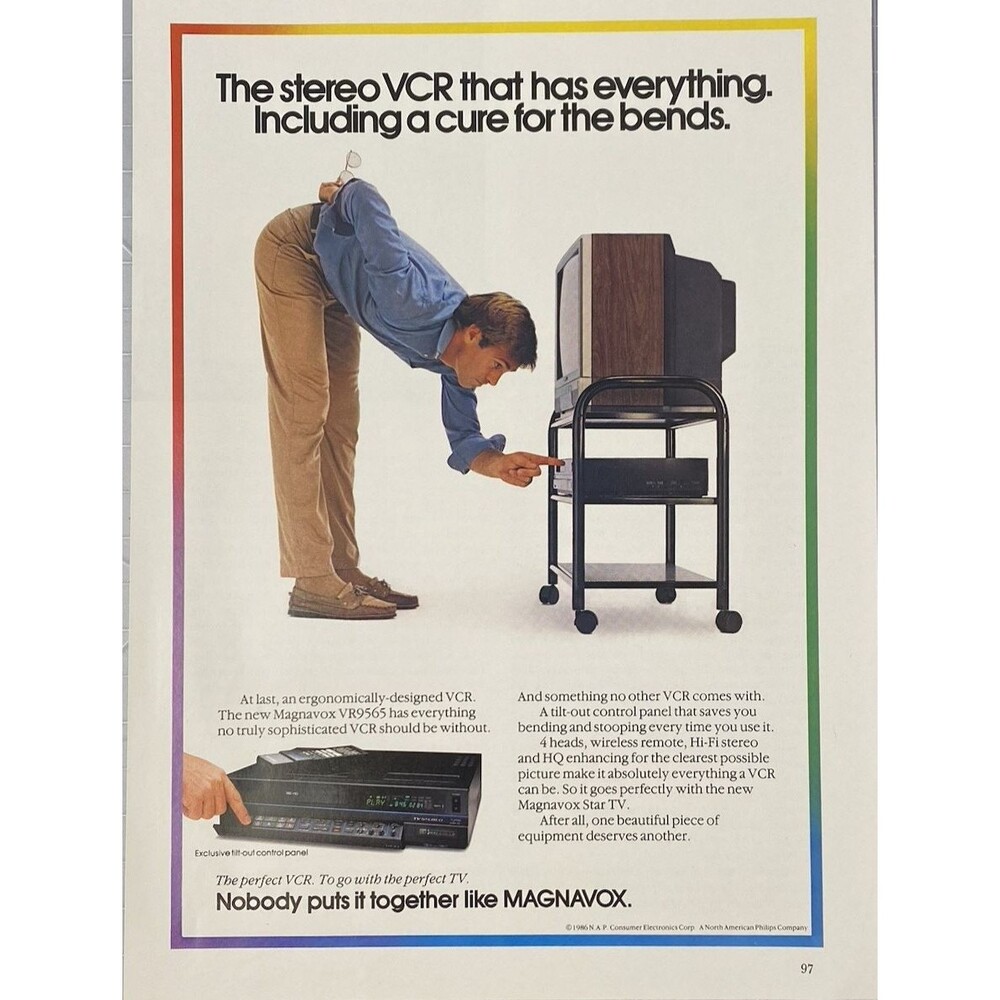 Magnavox Stereo VCR "Has everything including a cure for the Bends"Print Ad 1987